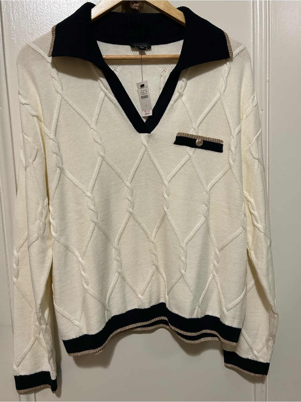 Talbots Cream V-Neck Cable Sweater with Navy Collar and Gold Trim
